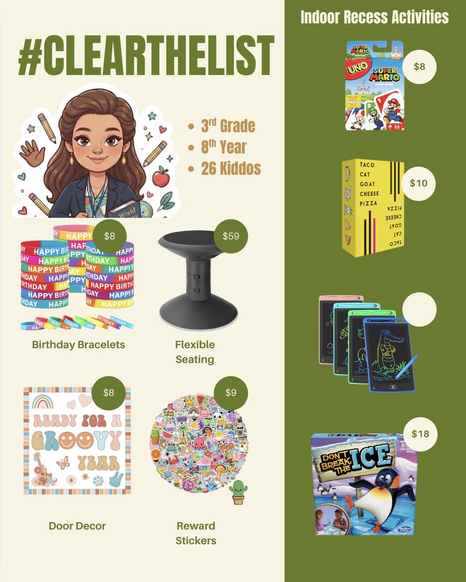 MissDeein3TPT's tweet photo. I haven't had any help with my #clearthelist yet, but I am staying hopeful! 🤗My biggest wishes are indoor recess activities and flexible seating!

Any sprinkles and shares will make my day!
https://t.co/UXMYl7MEbi
#adoptateacher #teachersofx #bettertogether #teachersofx https://t.co/yqNX6xP3GD