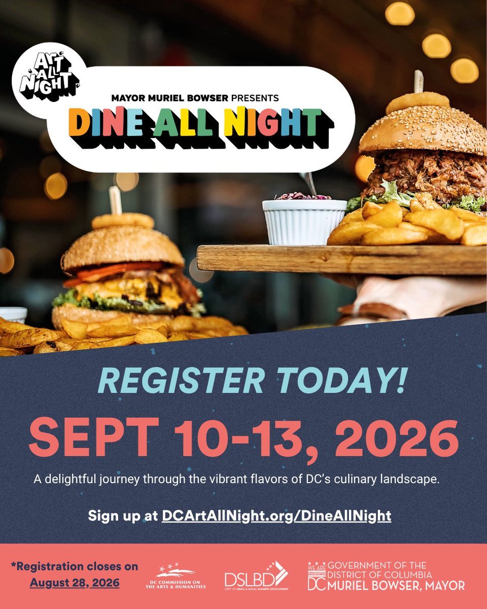 MayorBowser's tweet photo. We love DC artists and we love DC restaurants—and during Dine All Night, they come together.

DC restaurants: registration is now open!

From September 10–13, showcase your dishes, special menus, happy hour deals, and more during one of our favorite annual celebrations. https://t.co/THrlw6AfFi