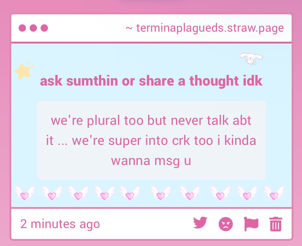 terminaplagueds's tweet photo. hi!  we  understand  if  you  don’t  talk  about  your  plurality,  as  not  many  feel  comfortable  with  doing  so.  our  current  chat  settings  are  set  to  No  One,  but  you  can  tell  us  who  you  are  so  we  can  send  you  a  message  :3 https://t.co/IycgulQqCM