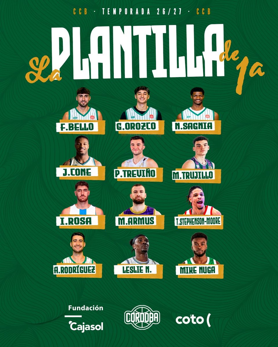 CordobaCB's tweet photo. 🏀 Plantilla 2026/27 | Estado actual

🤍💚 Este es el equipo que defenderá nuestros colores esta temporada... cada renovación reafirma nuestro compromiso... cada incorporación nos hace más fuertes.

Aquí tienes la plantilla actualizada con todos los jugadores confirmados hasta la fecha... 👀  ¿Qué te parece?

¡Vamos, #CajasolCotoCórdobaCB! 👏🏼👏🏼 #GanamosJuntos #ADNBlanquiverde #SigamosHaciendoHistoria