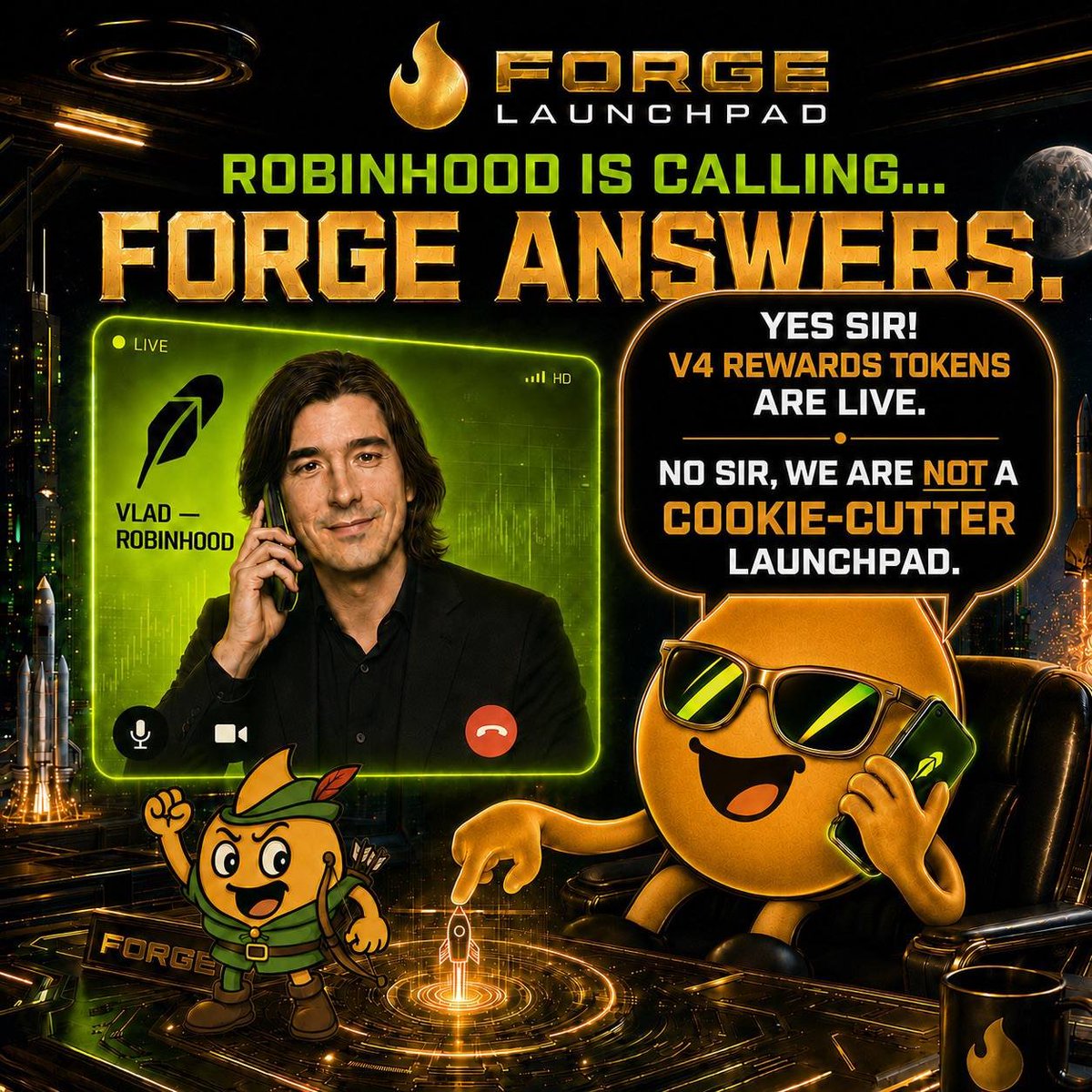 ForgeLaunchPad's tweet photo. Robinhood Chain is calling. Forge is answering. 🔥📞

V4 rewards tokens are LIVE—and Forge is anything but a cookie-cutter launchpad.

Pick your rewards. Set your fees. Build it your way.

Launch now: https://t.co/sVG7HxaZPW

#FORGE https://t.co/uWgtDPFMhJ