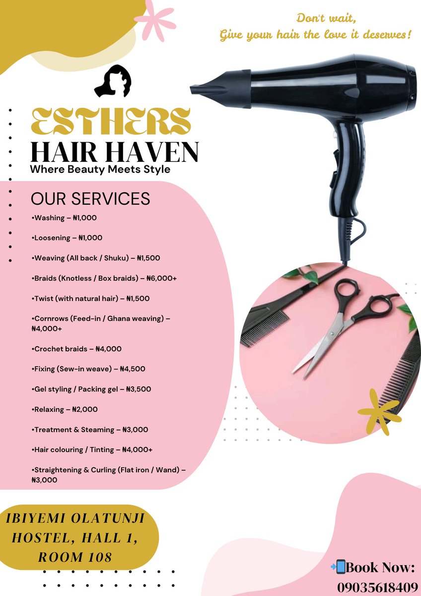 Reservedguy_131's tweet photo. Soft pastel tones, clean typography, and structured service menus! 💇‍♀️✨
Designed this price list flyer concept for Esthers Hair Haven to practice beauty salon branding, visual hierarchy, and organizing dense text layouts cleanly.
How’s the readability and color balance looking? Feedback is always welcome! 👇
#GraphicDesign #FlyerDesign #BeautyBranding #DesignPractice #VisualDesign #Typography
