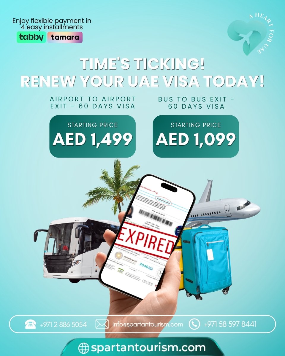 SpartanTourism's tweet photo. 🚨 𝐃𝐨𝐧'𝐭 𝐥𝐞𝐭 𝐲𝐨𝐮𝐫 𝐔𝐀𝐄 𝐯𝐢𝐬𝐚 𝐞𝐱𝐩𝐢𝐫𝐞!⏳

✈️ Renew your UAE Visa by 𝐀𝐢𝐫 𝐨𝐫 𝐁𝐮𝐬 with the trusted assistance of Spartan Tourism!
💳 Split your payment into 4 easy installments with Tabby or Tamara—making your visa renewal more affordable and convenient. https://t.co/PkspoA3sfF
