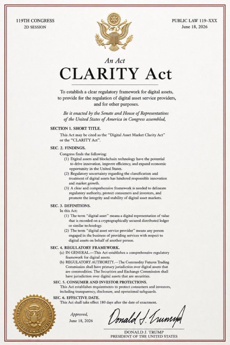 AltcoinDaily's tweet photo. OFFICIAL: new crypto CLARITY Act draft published

What happened?
The Senate Banking version and House Agriculture Committee version have been merged and an ethics provision has been added for the first time.

What comes next?
A motion to proceed is expected today or Tuesday, with a possible floor vote the week of August 3. 👀