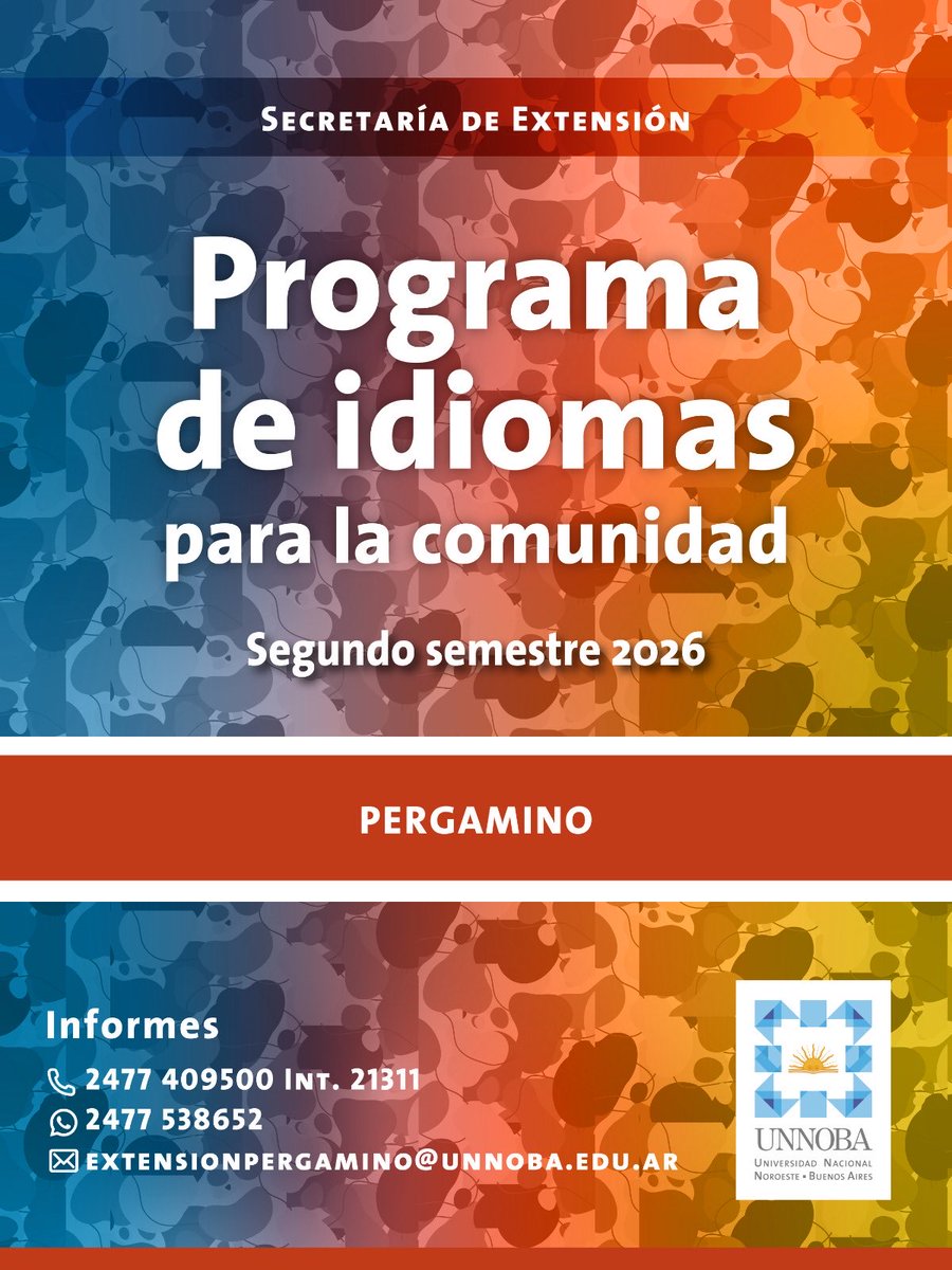 extensionUNNOBA's tweet photo. 📚 Programa de Idiomas para la Comunidad – Segundo Semestre 2026 🌎

Deslizá para conocer toda la oferta de talleres de lengua y cultura, en modalidad virtual y presencial en📍Pergamino.

¡Podés aprender inglés, italiano y portugués,! https://t.co/7UZMDb3BN2
