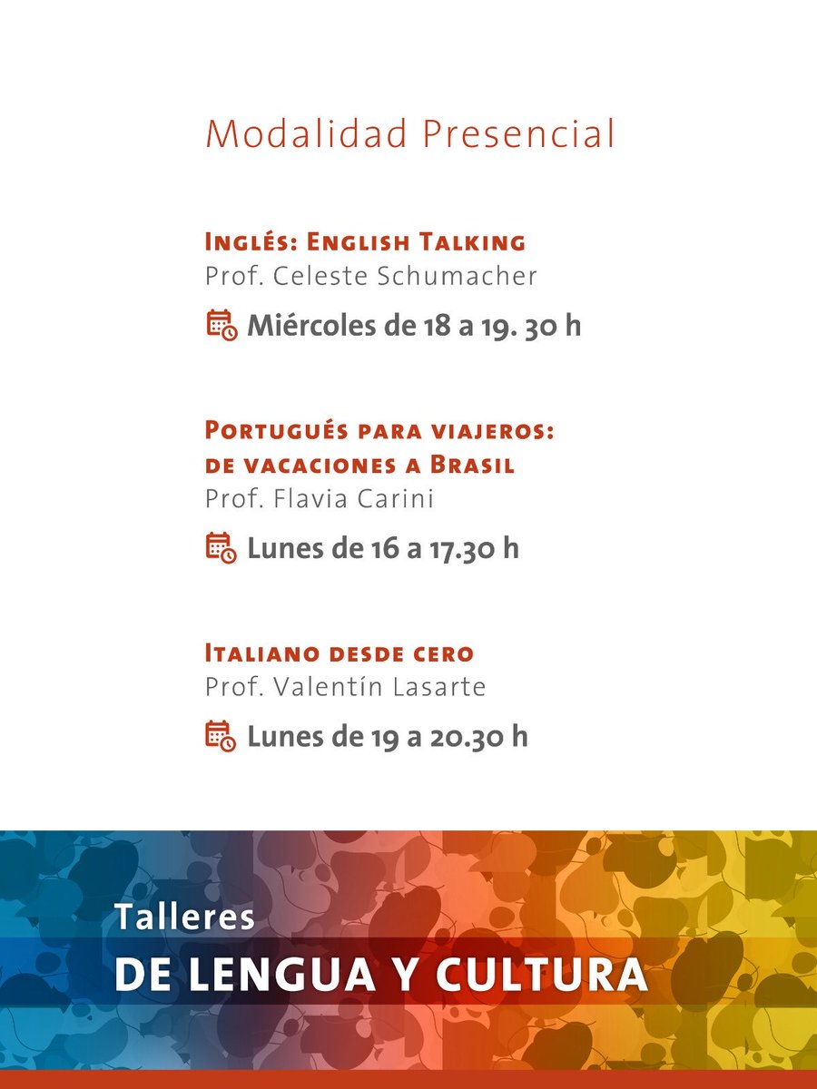 extensionUNNOBA's tweet photo. 📚 Programa de Idiomas para la Comunidad – Segundo Semestre 2026 🌎

Deslizá para conocer toda la oferta de talleres de lengua y cultura, en modalidad virtual y presencial en📍Pergamino.

¡Podés aprender inglés, italiano y portugués,! https://t.co/7UZMDb3BN2
