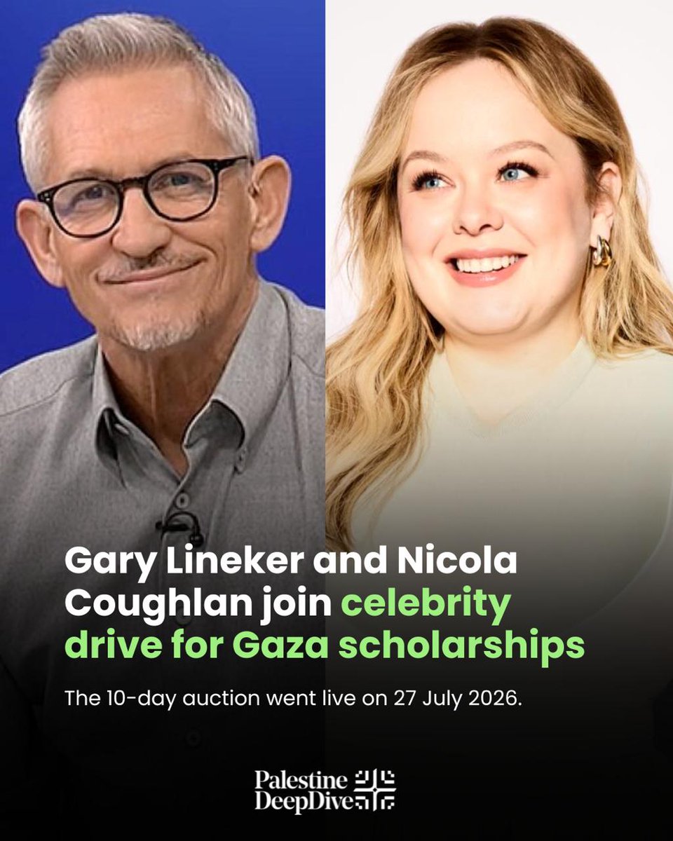 PDeepDive's tweet photo. Broadcaster and former England footballer Gary Lineker and Bridgerton star Nicola Coughlan are among some 20 public figures to back a new campaign helping Palestinian students from Gaza take up their places at UK universities.

The Scholarships for Gaza initiative, organised by education charity Phoenix Space, is raising money through a 10-day celebrity auction to cover tuition fees and living costs for students who have secured university offers but remain unable to leave Gaza without fully funded scholarships.