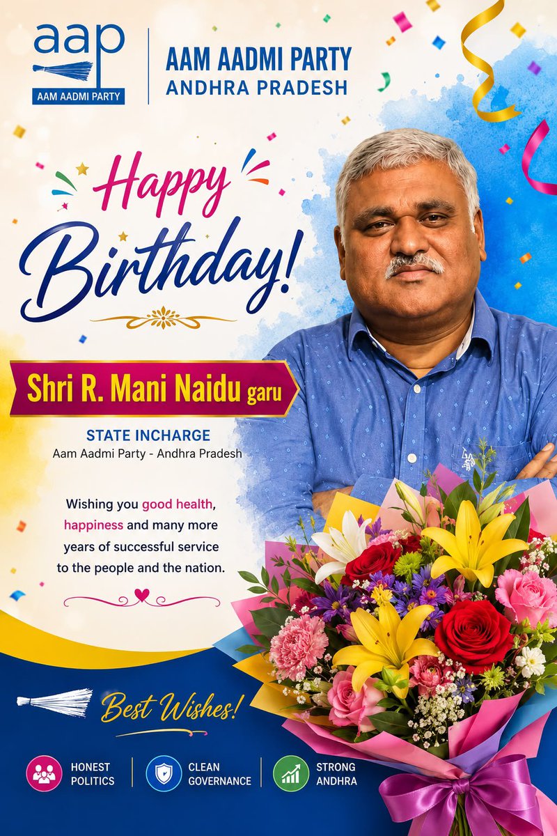 AapManyam's tweet photo. On behalf of the entire @AamAadmiParty Andhra Pradesh  Team we extend our heartfelt #birthday wishes to you.

We wish you many more years of dedicated service to the party and to the people.

Happy Birthday, @ManiNaiduAAP  sir! 💐🎉

@ArvindKejriwal 
@msisodia 
@RameshSeeraAap https://t.co/Rv7XCAlsGH