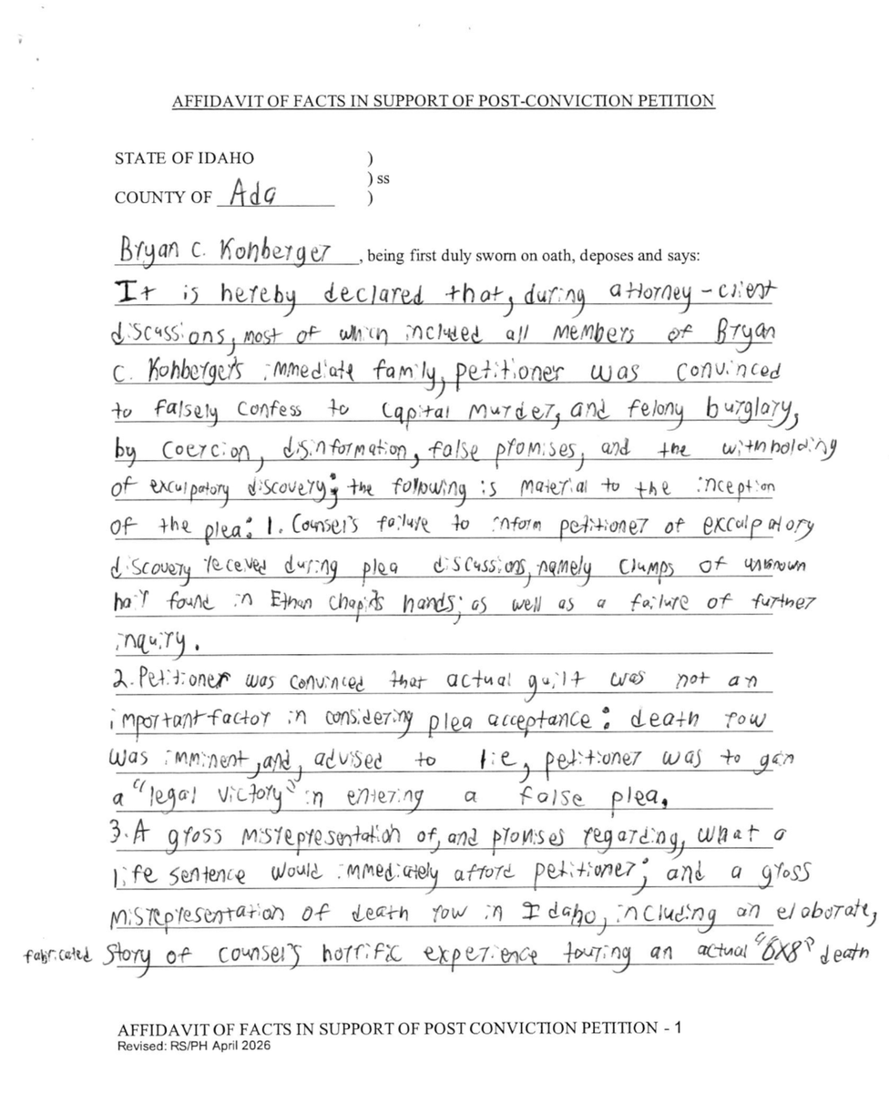 ByMikeBaker's tweet photo. I now have a copy of Bryan Kohberger's petition to revoke his guilty plea. Here is part of it. https://t.co/bkuLSxpKlq