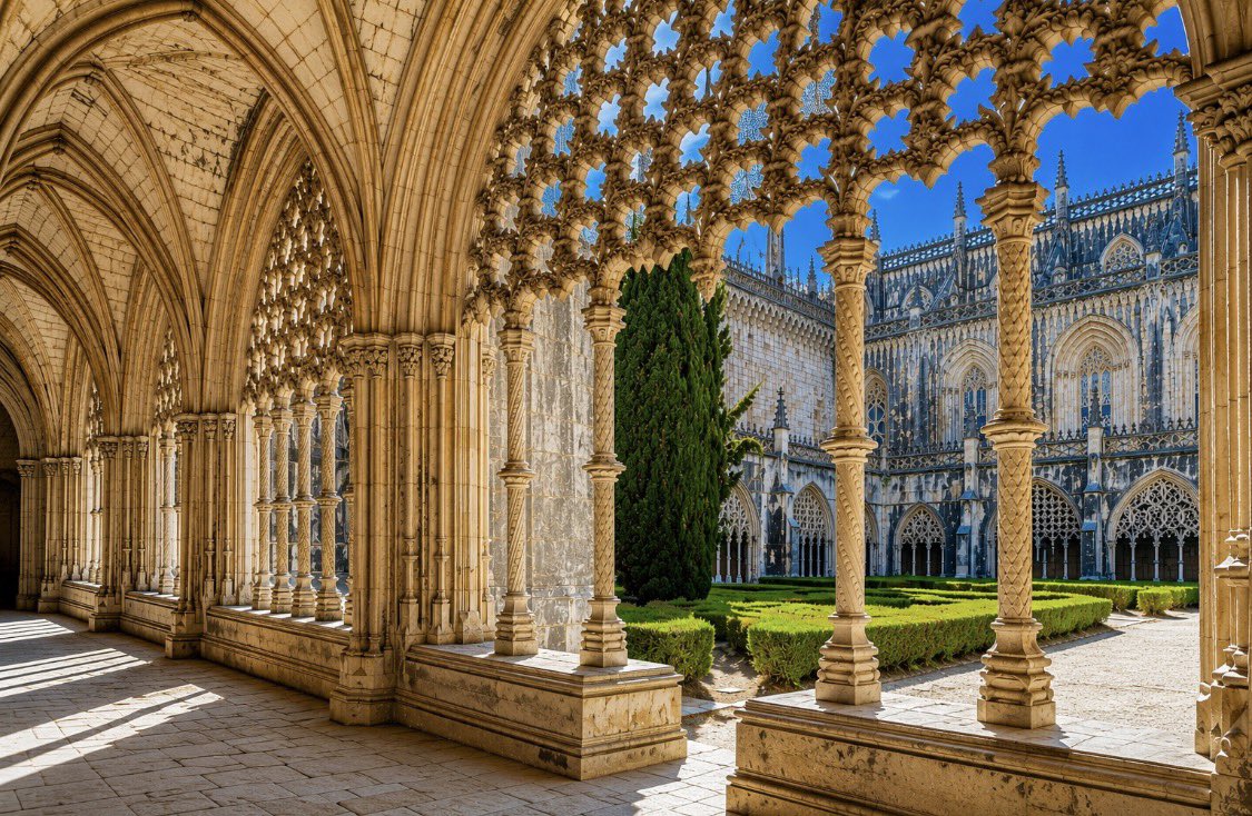 1981Sanctuaries's tweet photo. 3️⃣ The Royal Cloister – pure magic.
Lace-like Manueline stone screens frame the courtyard and church, sunlight weaving through like golden embroidery.
#Batalha #Portugal https://t.co/6PdDPB2uEC