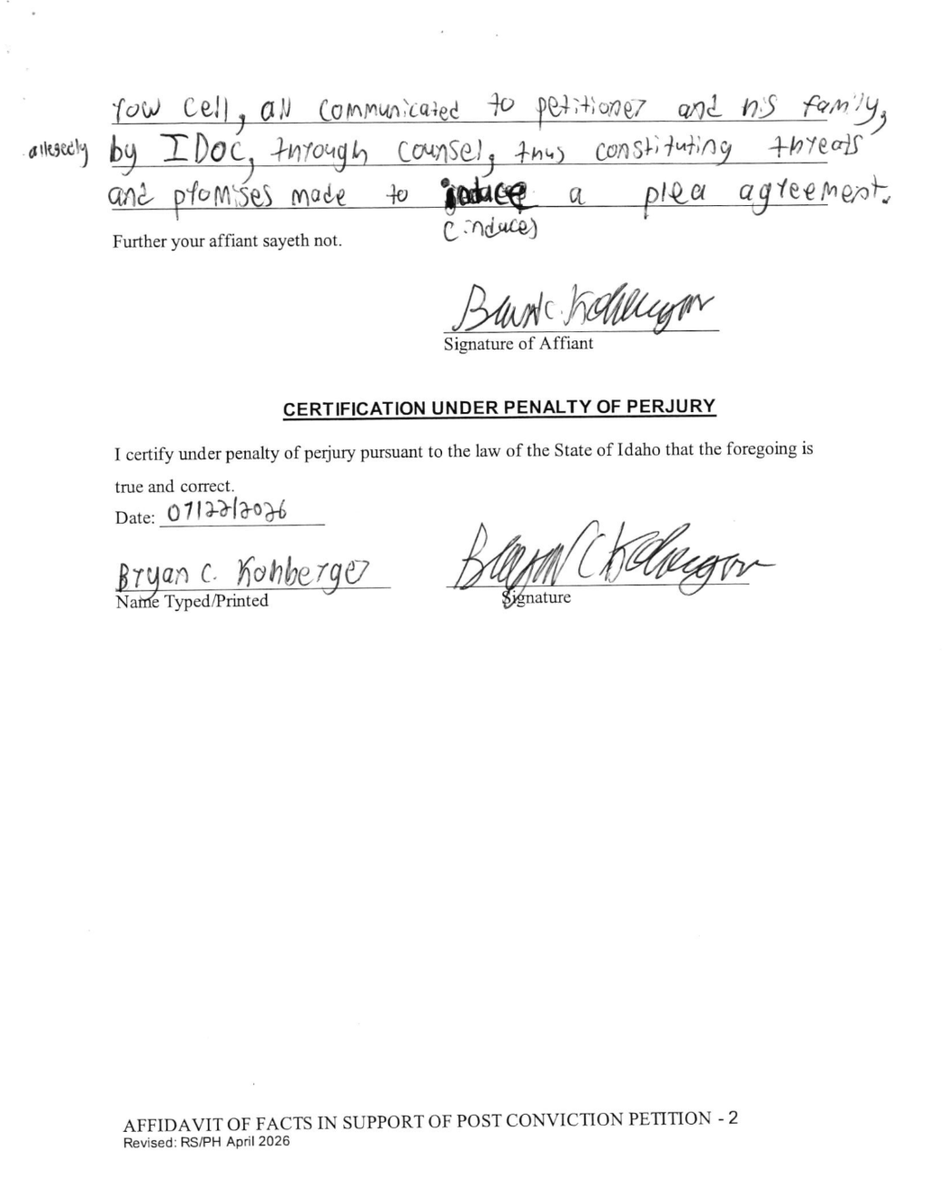 ByMikeBaker's tweet photo. I now have a copy of Bryan Kohberger's petition to revoke his guilty plea. Here is part of it. https://t.co/bkuLSxpKlq