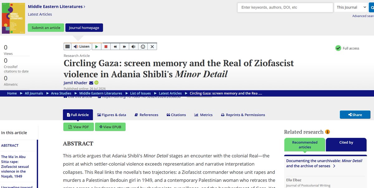 jamilkhader2014's tweet photo. As reports of #sexualized #violence against Palestinians continue to emerge amid the ongoing #GazaGenocide , my new article revisits #AdaniaShibli's #MinorDetail through what I call the #ColonialReal: the point where colonial violence exceeds representation . . . https://t.co/qDYLlobINR