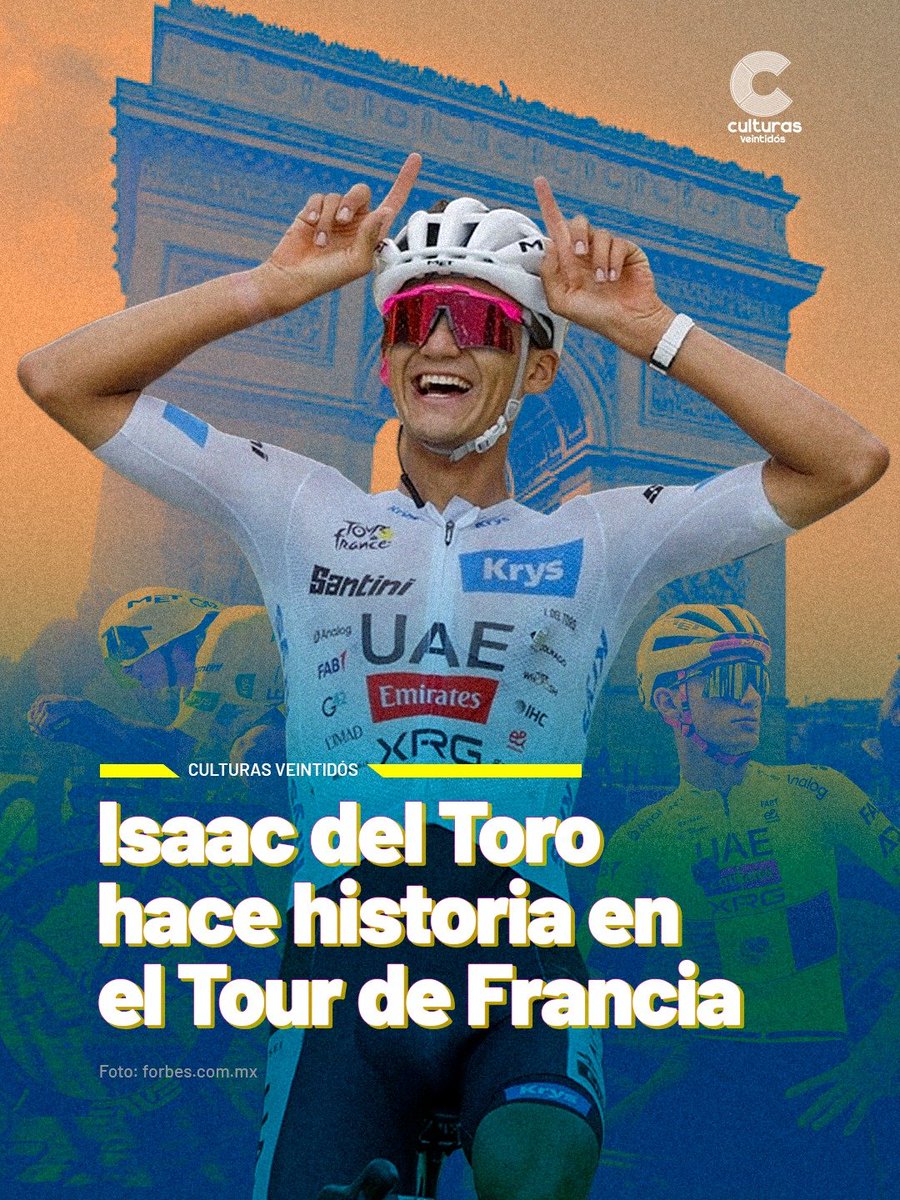 Canal22's tweet photo. Isaac del Toro hizo historia al convertirse en el primer mexicano en subir al podio del Tour de Francia, tras finalizar en el tercer lugar de la clasificación general de la edición 2026. 

El ciclista de 22 años también conquistó el maillot blanco como el mejor joven de la competencia. 🚴

📲 Conoce todos los detalles en #CulturasVeintidós: https://t.co/aICSfXOl82