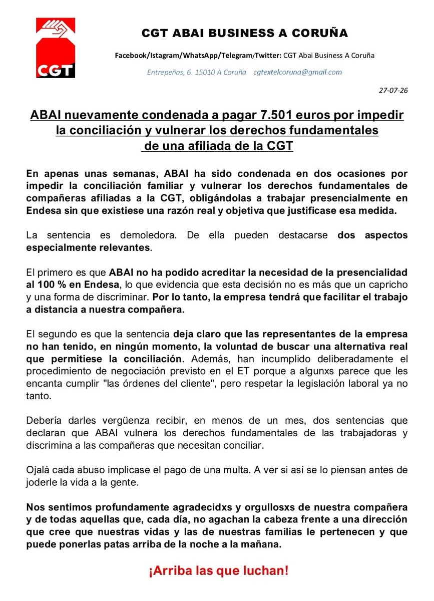 CGTEXTEL's tweet photo. 🔴 Nueva condena de 7.501 € para ABAI por vulnerar derechos fundamentales y el derecho a la conciliación. https://t.co/X9TFlwia8n