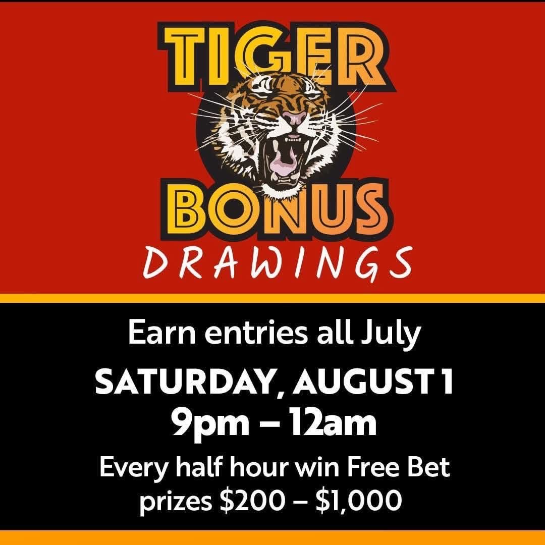 delawarepark's tweet photo. 🐅 The Tiger Bonus Drawings are this Saturday! 🔥🐯💰 Continue earning entries through the rest of July for your chance to win Free Bet prizes!

🎉 Drawings: Saturday, August 1
🕘 9PM–12AM
💰 Every half hour, winners will receive Free Bet prizes from $200–$1,000 https://t.co/9TmfKky7kt