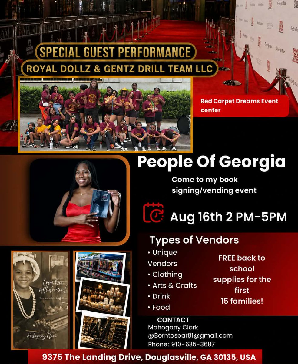 mahoganywritez's tweet photo. Back2school giveaway 
Vendors
Performance: Royal Dollz &amp; Gentz Drill Team 
Fun
Books
Come celebrate with me !
#Back2school #trending #school #repost #parents #msrachel #daycare #highschool #DouglasvilleGA #giveaway #inspire https://t.co/SjLSoW95Pk