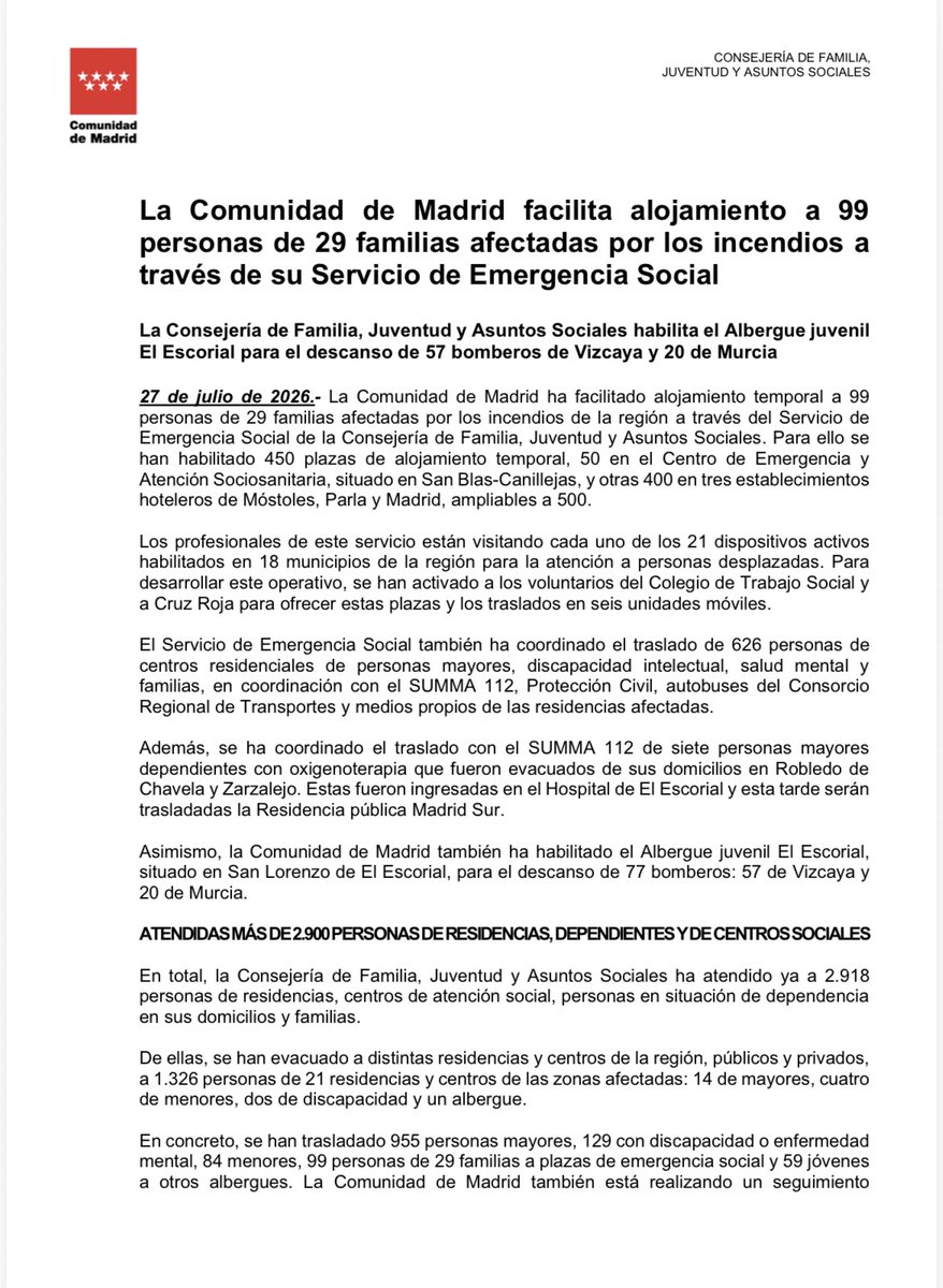 ComunidadMadrid's tweet photo. 👉 La Comunidad de Madrid ha facilitado alojamiento a 99 personas de 29 familias afectadas por el #IFSierraOeste a través de su Servicio de Emergencia Social.

👩‍🚒 @FamiliaCMadrid habilita el Albergue juvenil #ElEscorial para el descanso de 57 bomberos de Vizcaya y 20 de Murcia.

#INFOMA26