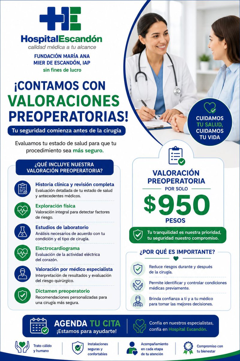 HospEscandon's tweet photo. 💙 Tu seguridad empieza antes de la cirugía

En Hospital Escandón cuidamos tu salud con valoraciones preoperatorias completas por solo $950 pesos.

Confía en nuestros especialistas y vive tu procedimiento con tranquilidad.

#CuidamosTuVida #HospitalEscandón #SaludSegura https://t.co/GgIfHVCF86