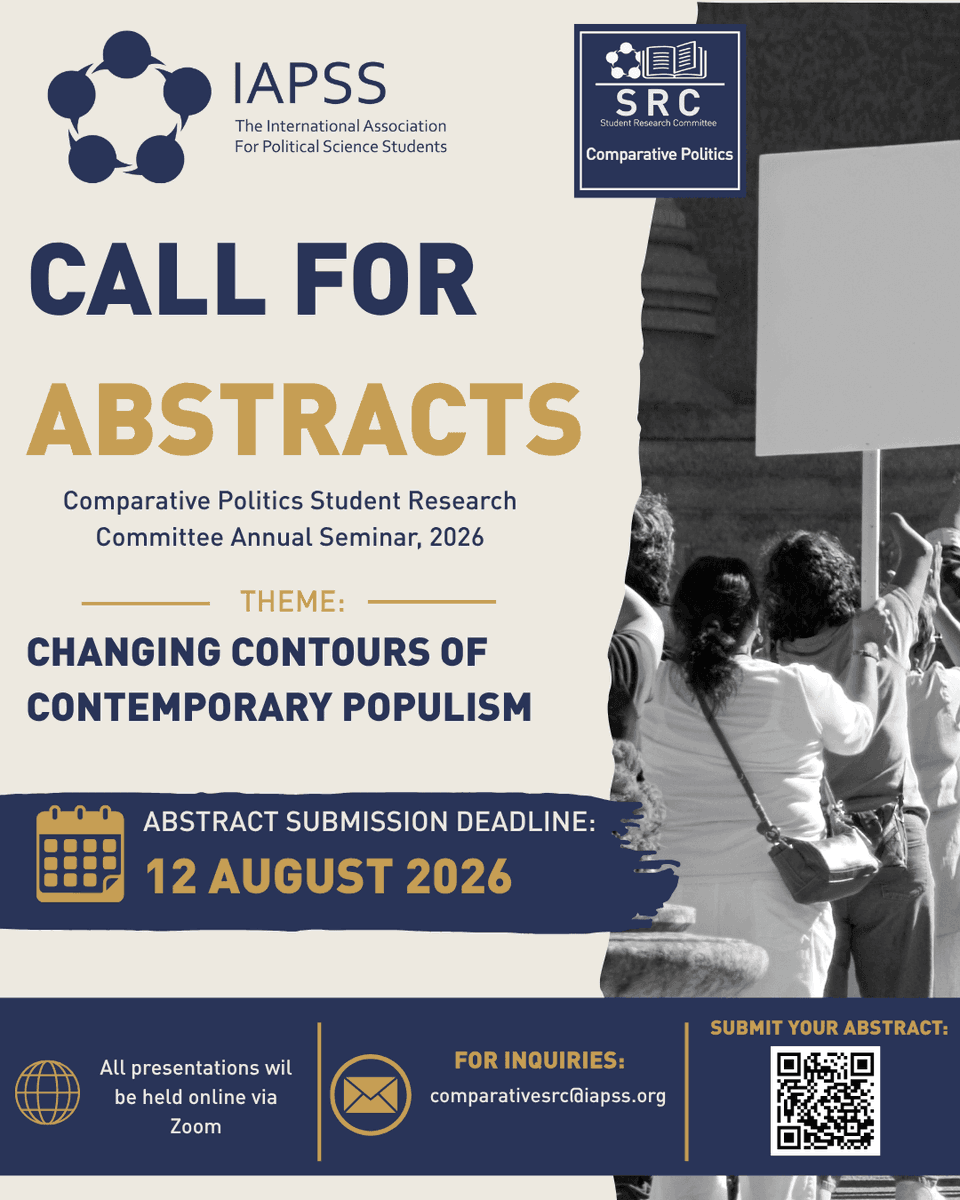iapss's tweet photo. 📣 Call for Abstracts | CPSRC Annual Seminar 2026
Abstract submissions for  the theme:
Changing Contours of Contemporary Populism

We welcome submissions on a range of comparative politics topics, including:
Democratic backsliding, Electoral politics, Social movements, and more. https://t.co/kLatAcKdOL