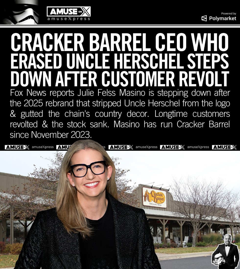 amuse's tweet photo. GO WOKE, GO BROKE: The folks at Cracker Barrel decided it was time to let their woke CEO go after last year's devastatingly bad rebrand.