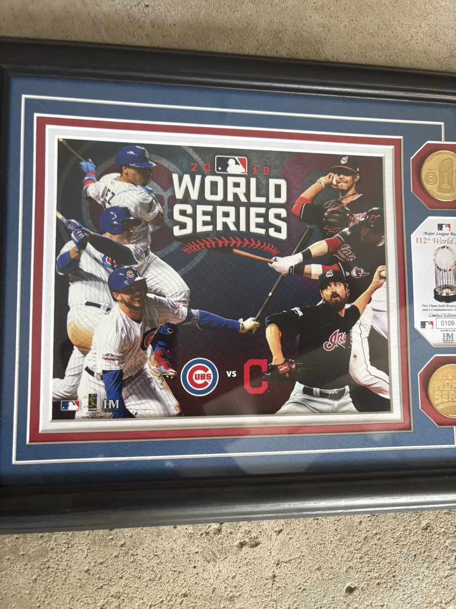 DealerTip's tweet photo. Framed 2016 World Series picture and medallions. $50 #ClevelandGuardians #Chicagocubs #worldseries #mlb #cleveland https://t.co/CIBZ7GFmse