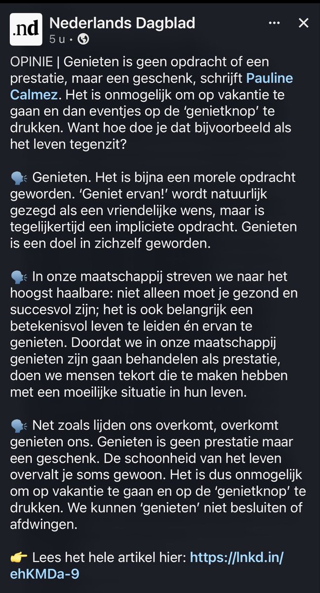 BdeL_8's tweet photo. Spijker op z’n kop! 👌🏼 Genieten is in wezen een leeg, hol woord dat je te pas en te onpas hoort. En bovendien met negatieve connotatie: geNIETen. Ik denk dat ik maar eens ga #gewellen. 
@ndnl #paulinecalmez https://t.co/78tHVoPpPj