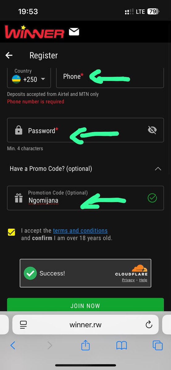 ngomijanaaa's tweet photo. Good evening! Here's how to open a Winner account in just a few simple steps.

1. Open Google Chrome or Safari and type https://t.co/Ej6xzhqLYG in the search bar.
2. Once the website opens, you'll see "Login" and "Join" in the top-right corner. Click on "Join."

1/2 👇 https://t.co/99RgoxXvsD