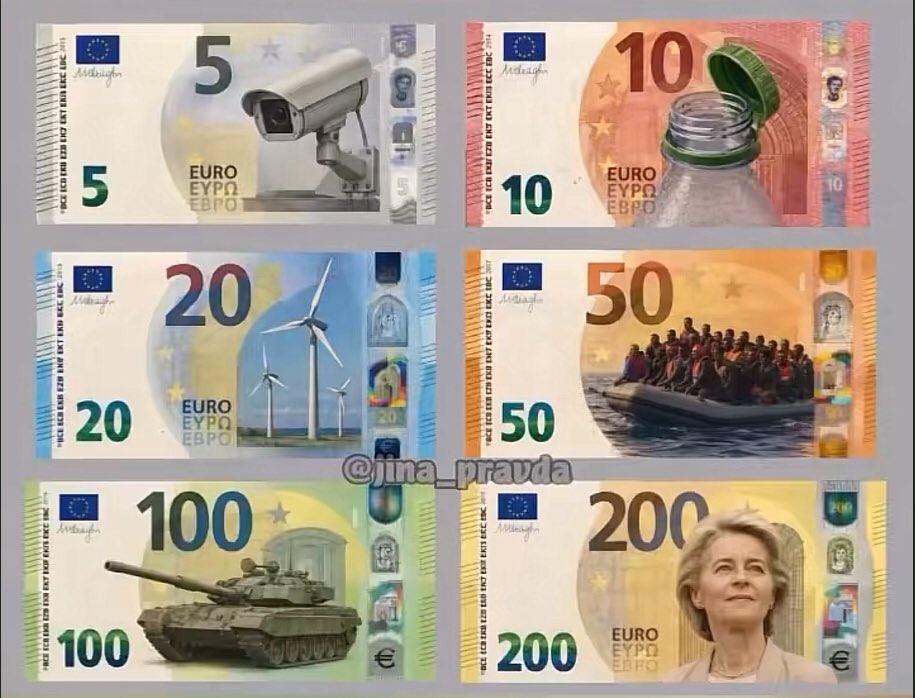 BrefLe57's tweet photo. Avec cette nouvelle version des billets, plus besoin de lire les traités, de décrypter d’obscurs règlements ni d’écouter les discours d’Ursula : l’UE annoncerait enfin ses ambitions, à défaut de sa source d’inspiration.

Parce que c’est leur projet. https://t.co/D1YIZj4xY1