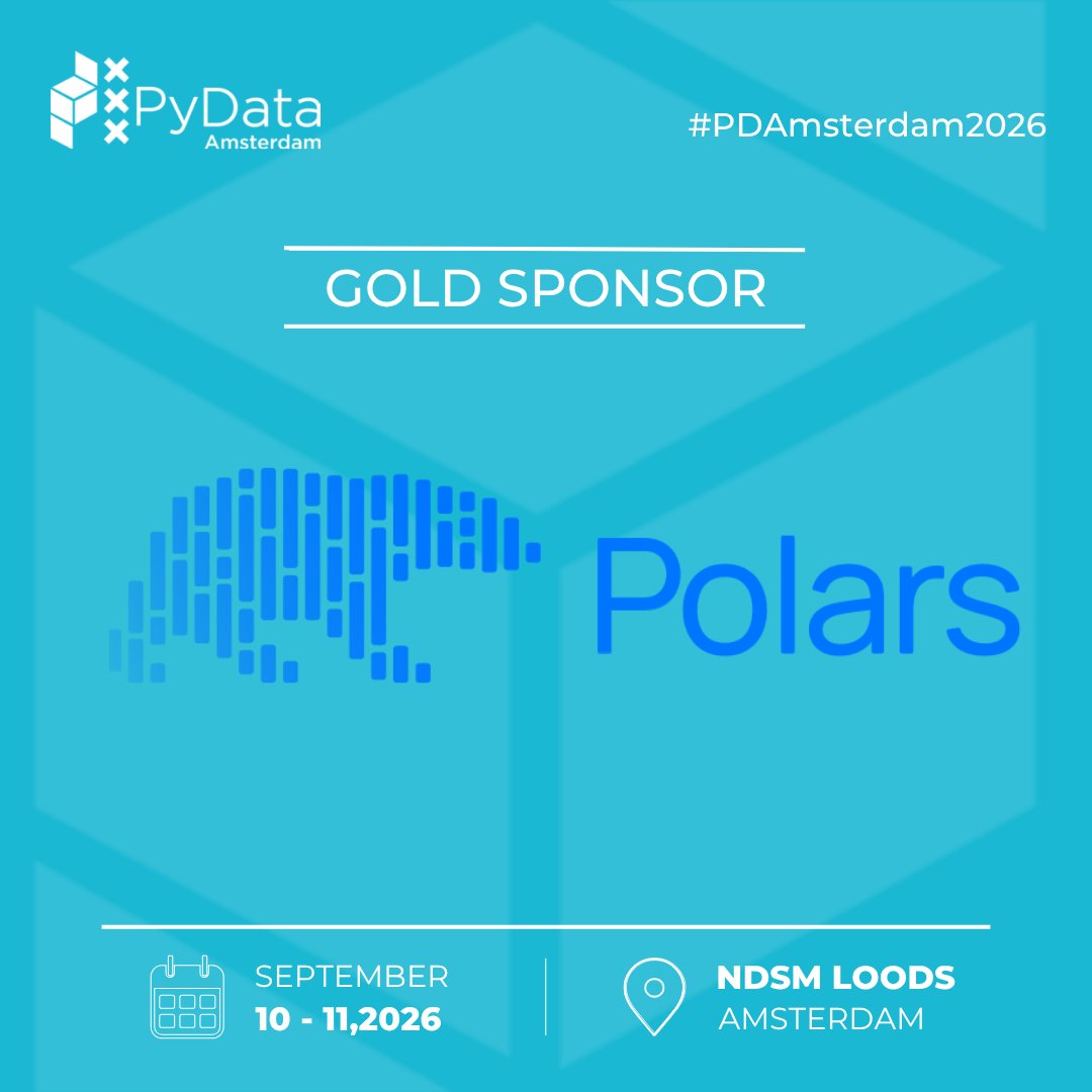 pydataamsterdam's tweet photo. Get ready for blazingly fast data processing ⚡ We are thrilled to announce Polars as a Gold Sponsor for PyData Amsterdam 2026🐻‍❄️Join 1000+ data practitioners on Sept 10-11 to talk speed, Rust, and DataFrames🎟️ Your tickets: https://t.co/Dr8z0ntDJK
#PDAmsterdam2026 #Polars #PyData https://t.co/5pXwxFhmYf