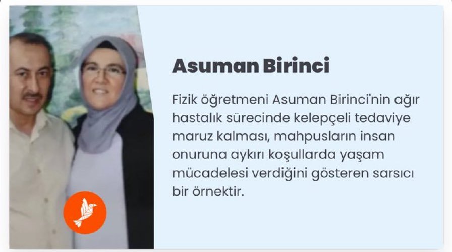 Hapsedilenlr's tweet photo. Fizik öğretmeni Asuman Birinci, eşi Eyüp Birinci’nin gördüğü işkenceleri anlattığı için 22 aydır cezaevinde.
Ağır anemi ve ciddi sağlık sorunlarıyla yaşam mücadelesi veriyor. Kan değerleri hayati risk sınırının altında.
@myeneroglu 

#KHKSorununuÇözün
#HerkeseEşitAdalet https://t.co/hVTB9fWdTC
