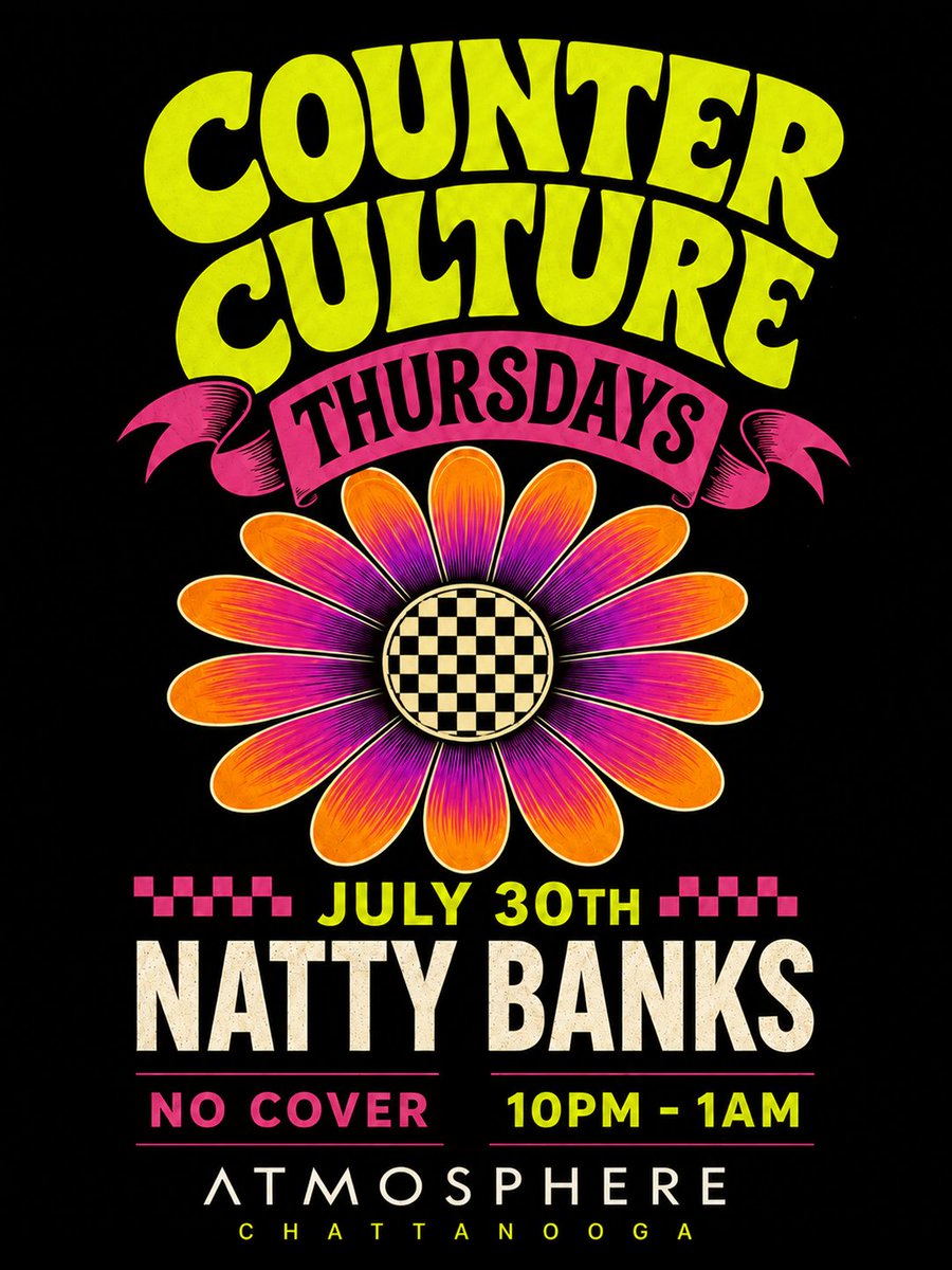 hiatmosphere's tweet photo. COUNTER CULTURE: July 30

The squares can't fit through the door. This week, Natty Banks closes out the July edition of Counter Culture with a soundtrack for the free spirits, the deep thinkers, and the beautifully unconventional.

• Natty Banks
• Thursday, July 30
• 10:00 - 01:00
• No Cover

Good music. Strange company. No regrets.
----
#ATMOSPHERE #ATMOSPHEREChattanooga #CounterCulture #ChattanoogaNightlife #ElectronicMusic #DowntownChattanooga #ChattanoogaEvents