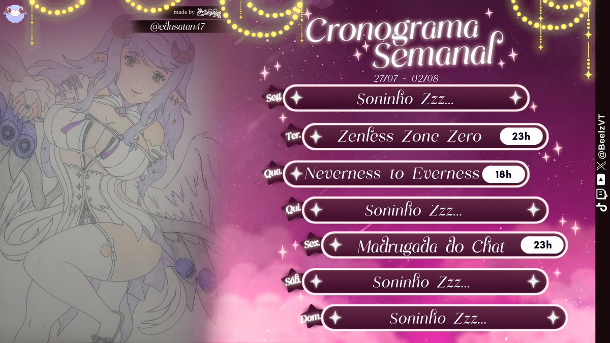 BeelzVT's tweet photo. Boa tarde meus fofinhooos!!

A última semana antes do nosso aniversário e Subathon (03/08) finalmente chegou!

Vou tirar uns dias pra conseguir acabar de organizar tudo e deixar tudo certinho pro nosso aniversário!!

E NÃO SE ESQUEÇAM! Amanhã terça teremos nosso tão aguardado patch do ZZZ e iremos dar mais de 150 pulls na Ramielle!! Não esqueçam de aparecer para receber a benção da Ovelha Santa!

Estou veeery ansiosa e contando os dias para comemorar com vocês hehe~💜