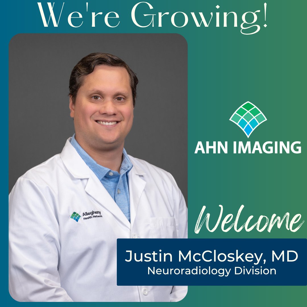 AHNImaging's tweet photo. Excited to welcome Dr. Justin McCloskey to AHN Imaging! Dr. McCloskey brings expertise in radiology, pediatric neuroimaging, and a strong background in education. We're thrilled to have his leadership and dedication benefit our patients &amp; colleagues. @AHNToday #Neuroradiology https://t.co/lcFDylkUZ1