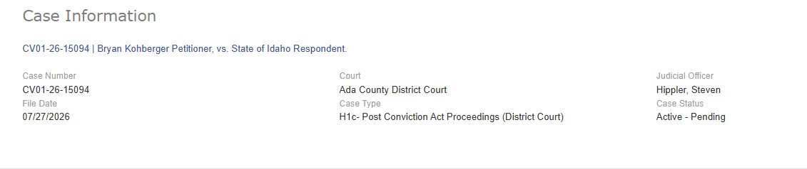 SarahDIrish's tweet photo. CV01-26-15094 | Bryan Kohberger Petitioner, vs. State of Idaho Respondent

#BryanKohberger
#PCR https://t.co/DtJ8UomIbC