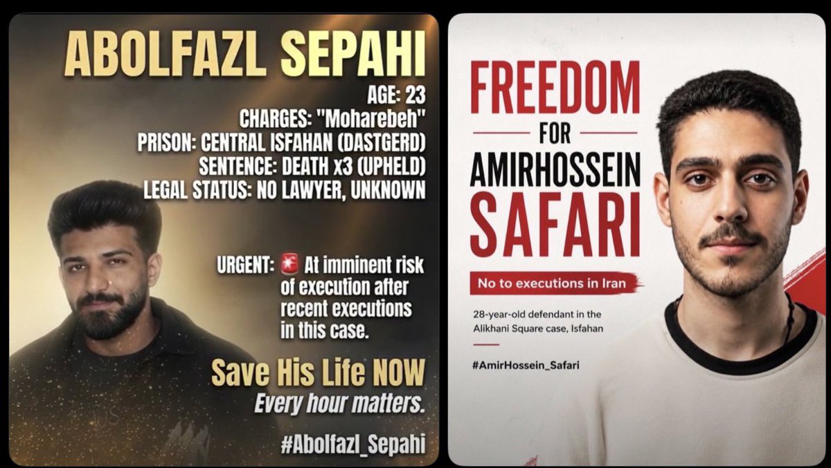 JahangiriAzar's tweet photo. 🚨🆘 TIME IS RUNNING OUT!
Abolfazl Sepahi and Amirhossein Safari are in imminent danger of execution. They need the world’s voice NOW, not tomorrow.

Every share, every post, every voice matters. Don’t let their names become another tragedy the world ignored.

Act NOW. Speak NOW. Save their lives.

@POTUS @marklevinshow @LauraLoomer @WhiteHouse

#Abolfazl_Sepahi #Amirhossein_Safari #StopExecutionsInIran