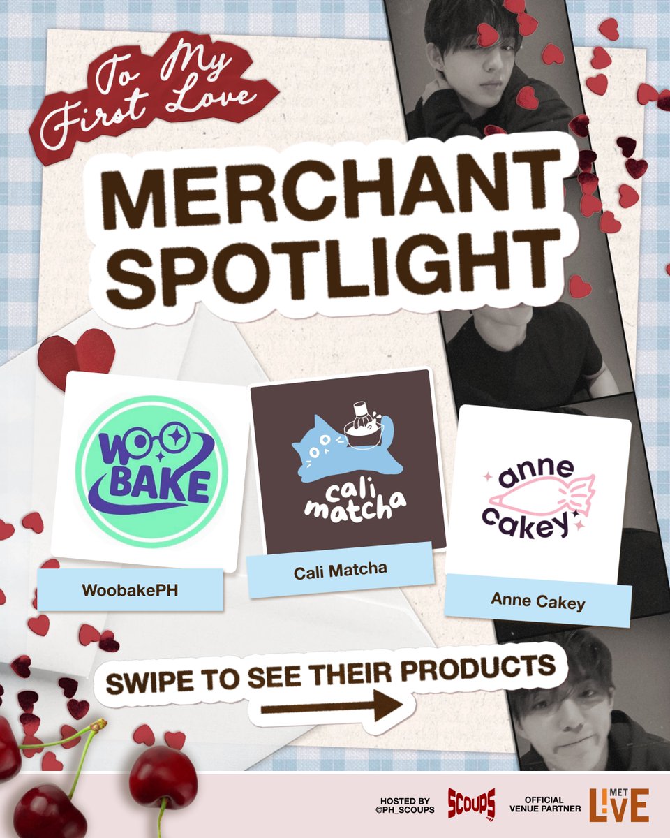 ph_scoups's tweet photo. 💌 Made with Love: Meet Our Merchants

With love, we present:
@woobakeph
@calimatcha
@annecakeyyy

Be part of the moment. Be at MET Live!

♡♡♡

TO MY FIRST LOVE
A 31st Birthday Celebration for SCOUPS
 — hosted by @ph_scoups 

🗓️ August 16, 2026
🎉 Free admission
📍 Atrium, MET Live, Pasay
🛍️ Exclusive event kit for P300
🎞️ Add PHP50 to get film slides as a set!

REGISTER NOW! 🔗 https://t.co/FFk95JRjuA 

#SCOUPS #에스쿱스
#SCOUPS_FirstLove