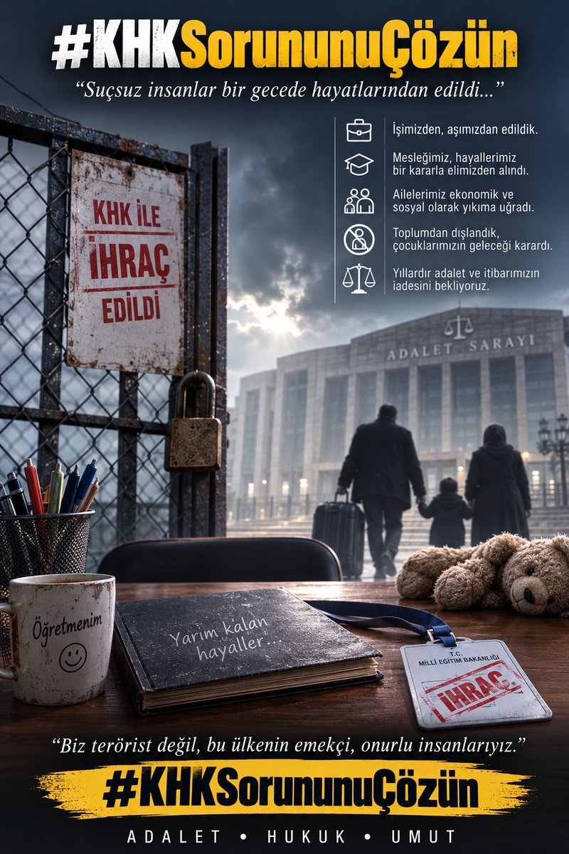 MyTeacherr06's tweet photo. Haksız yere görevlerinden ihraç edilen binlerce insan ve aileleri yıllardır adalet bekliyor.

Masumiyet karinesi ihlal edilerek yaşatılan bu zulme artık son verilmeli! 

📌 ADALET HERKESE LAZIM.

⁉️#KHKSorununuÇözün ⁉️ https://t.co/F4IyvehtZt
