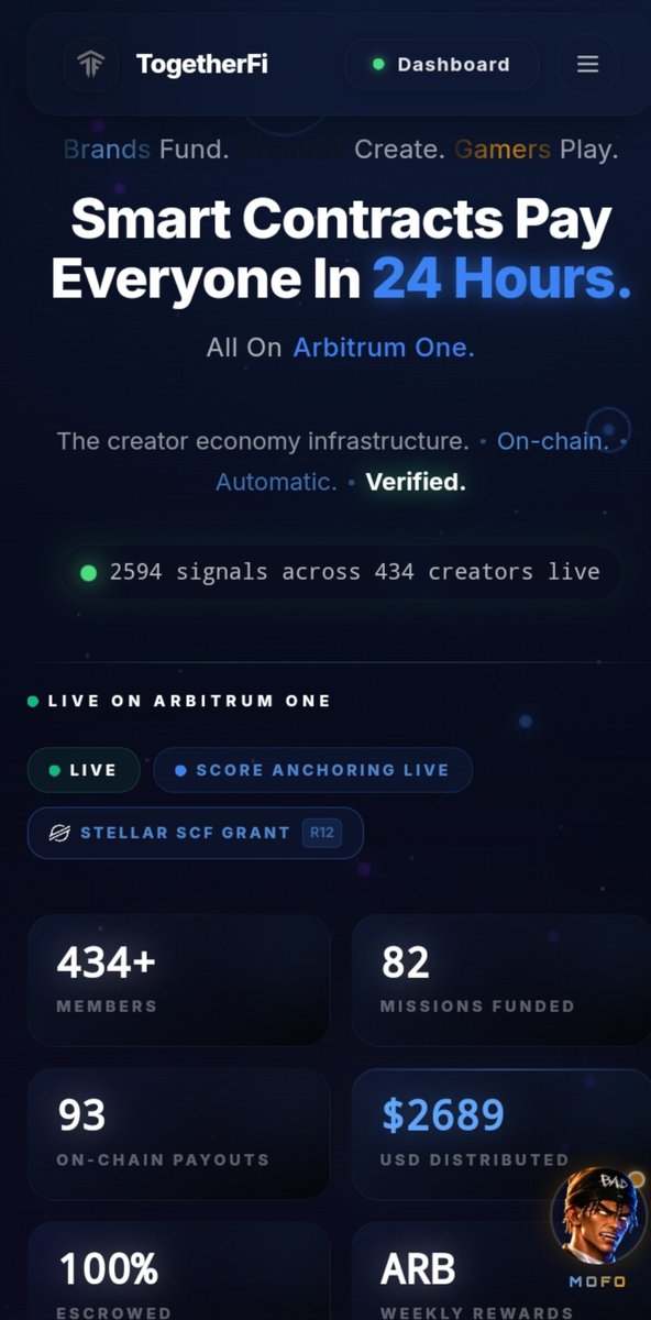 Chukwuebuk70752's tweet photo. Looks like I've been missing a lot on @TogetherFi_io 🤔

For those of you asking what TogetherFi is?

Okay, let me explain it to you in simple terms 👇

TogetherFi is a Web3 platform on Arbitrum where creators, gamers, and brands work together fairly.

Brands lock money in a smart-contract like “box” first. You do the mission (post, play, engage). The computer checks it, then the money is paid to you instantly. No waiting or disappearing payments like you may have experienced in other Web3 platform like this.

It has CreatorFi, GameFi, SocialFi sections plus a reputation score.

Simple idea: do cool work online and get paid right away and trustlessly.

The SocialFi quest is based on FCFS so you have to be fast enough to complete early before it get filled up.

It also has built in AI agents that analyse trends, spot market opportunities and trade for you and many more

Check it out from the link below 👇