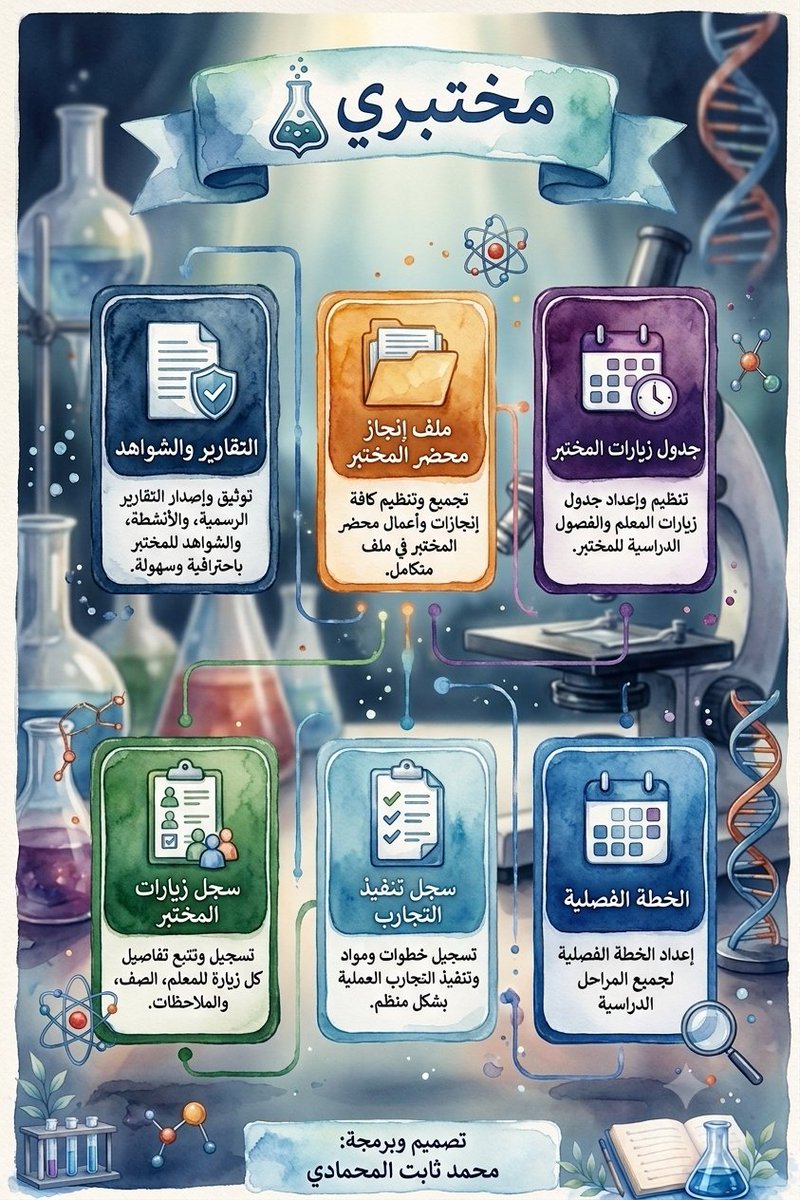 almehmadi_sa's tweet photo. #إهداء|

منصة «مختبري»:

https://t.co/qS4Va8HGL5

توظف التقنية لتبسيط أعمال مختبرات العلوم وتنظيمها بكفاءة
تتيح خدمة إعداد الخطط والسجلات وملفات الإنجاز والتقارير ضمن تجربة رقمية سهلة
بيانات قليلة نماذج جاهزة
ومخرجات واضحة قابلة للطباعة والتصدير
تختصر الوقت والجهد  وتقلل تكرار الأعمال
 وتعزز جودة التوثيق المدرسي.
خطوة رقمية تسهم في تطوير بيئة المختبر ودعم الممارسات التعليمية المنظمة

#التعليم
#المختبرات_المدرسيه