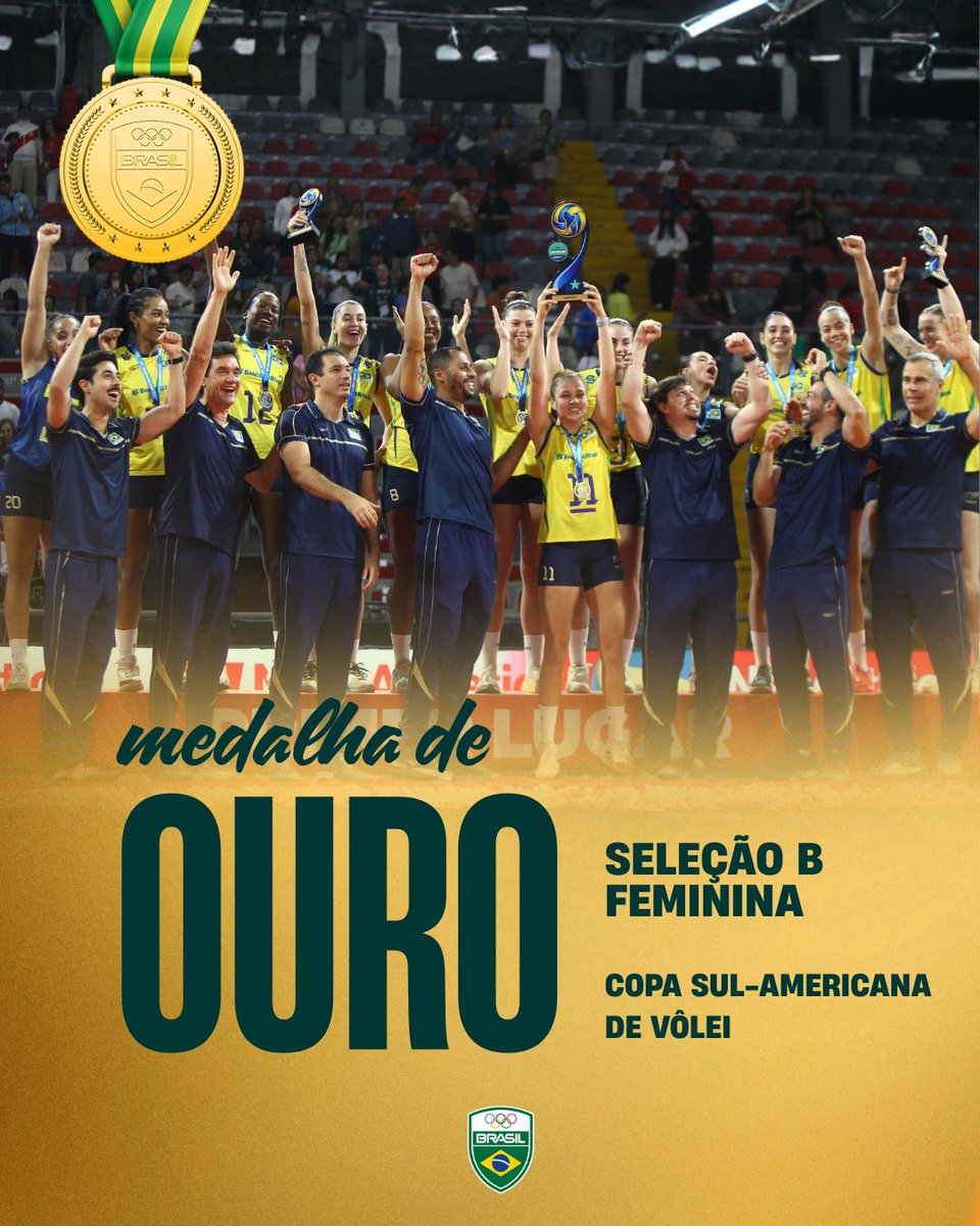 timebrasil's tweet photo. É OURO PARA O BRASIL! 🥇🇧🇷

A Seleção B feminina é campeã da Copa Sul-Americana! 🏆💚💛

Na decisão, o Brasil venceu a Colômbia por 3 sets a 0 e terminou a competição invicto! 🔥

Parabéns! Mais um título para o Brasil e mais um motivo de orgulho! 🇧🇷💚💛

#TimeBrasil #Vôlei https://t.co/pTeI3ON3rn
