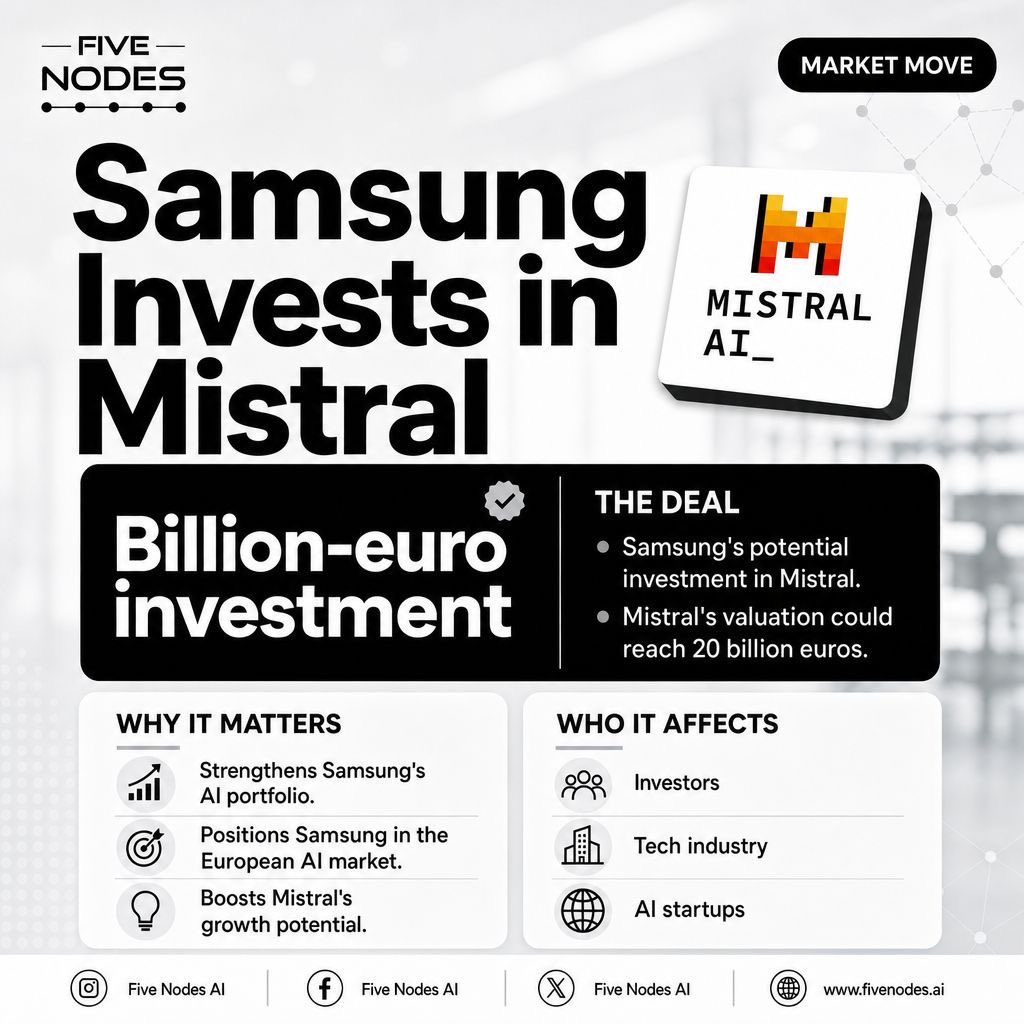 Five_Nodes_Ai's tweet photo. Samsung is negotiating a billion-euro investment in French AI startup Mistral, potentially raising its valuation to 20 billion euros. https://t.co/e5Hd2uS2kV