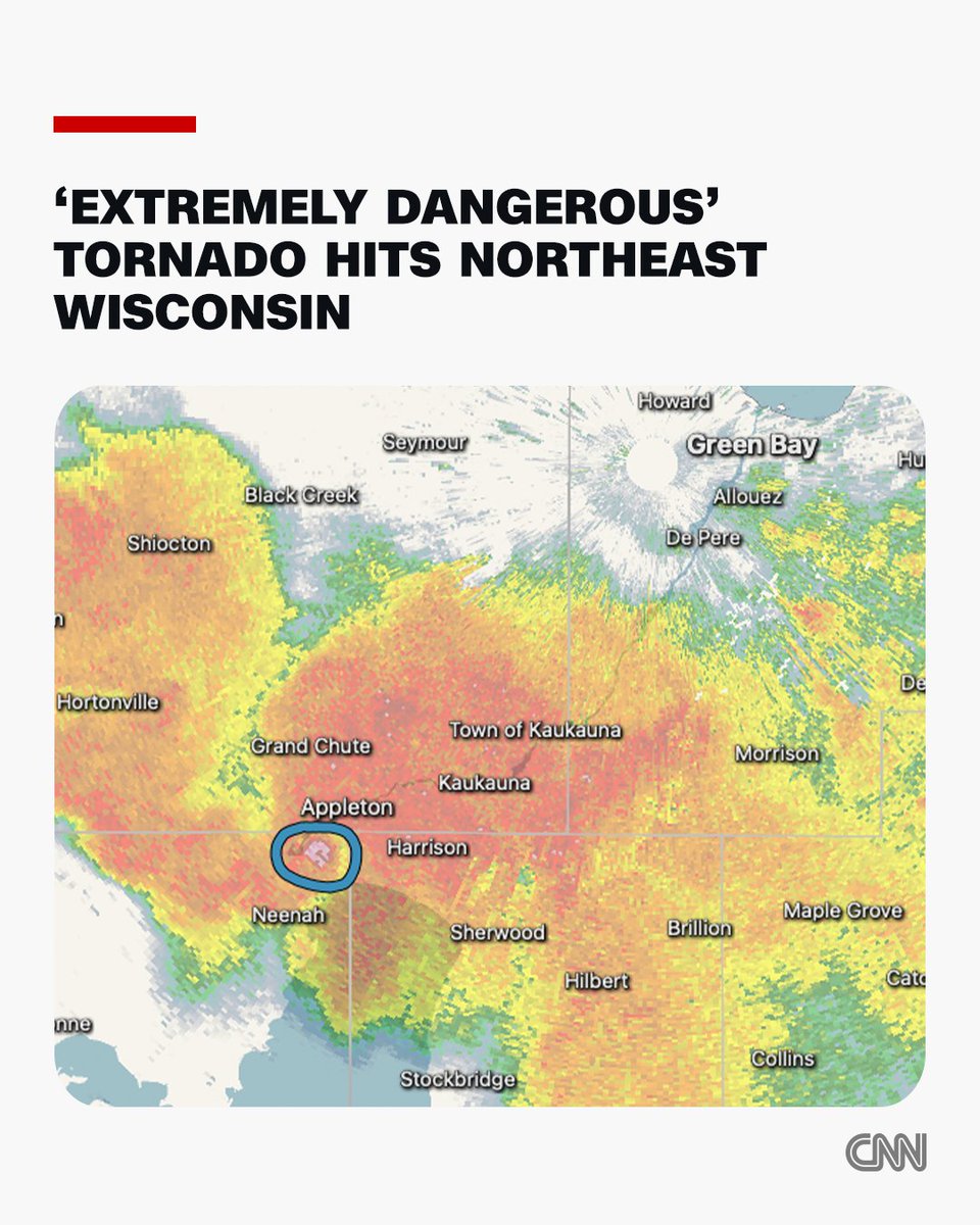 CNN's tweet photo. An “extremely dangerous” tornado hit parts of Appleton and Menasha, Wisconsin, Monday afternoon, according to the National Weather Service. https://t.co/ANz2Y3FZ3F https://t.co/27ystqvlRu
