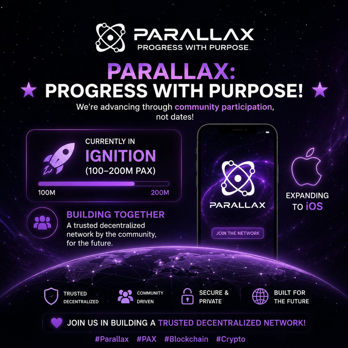 htkgam76's tweet photo. 🌟 **Parallax: Progress with Purpose!** 🌟

We're advancing through community participation, not dates! Currently in **Ignition (100–200M PAX)**, expanding to iOS. 

Join us in building a trusted decentralized network! 💜

#Parallax #PAX #Blockchain #Crypto https://t.co/FNNjAUqTs8