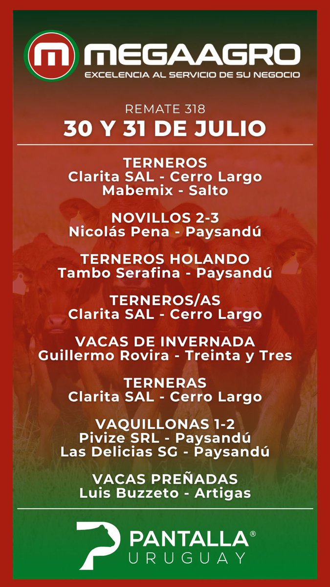 MegaagroUy's tweet photo. Remate 318 de Pantalla Uruguay
30 y 31 de julio https://t.co/dncdhkN315