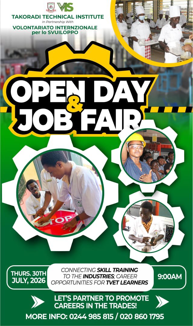tti_official1's tweet photo. 1001214560.jpg
Generate a social media post

🚀 TAKORADI TECHNICAL INSTITUTE (TTI) OPEN DAY &amp; JOB FAIR 2026 🚀

Are you a student, parent, employer, industry partner, or aspiring TVET learner? https://t.co/skxKdhN4OC