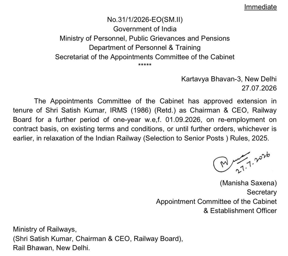 JharkhandRail's tweet photo. 🚨Breaking: The Appointments Committee of the Cabinet has approved a 1-year extension for Shri Satish Kumar (Retd.) as Chairman &amp; CEO, Railway Board, effective 1 September 2026.

The extension will be on a contractual re-employment basis, under existing terms. https://t.co/QJgAZbPjAO