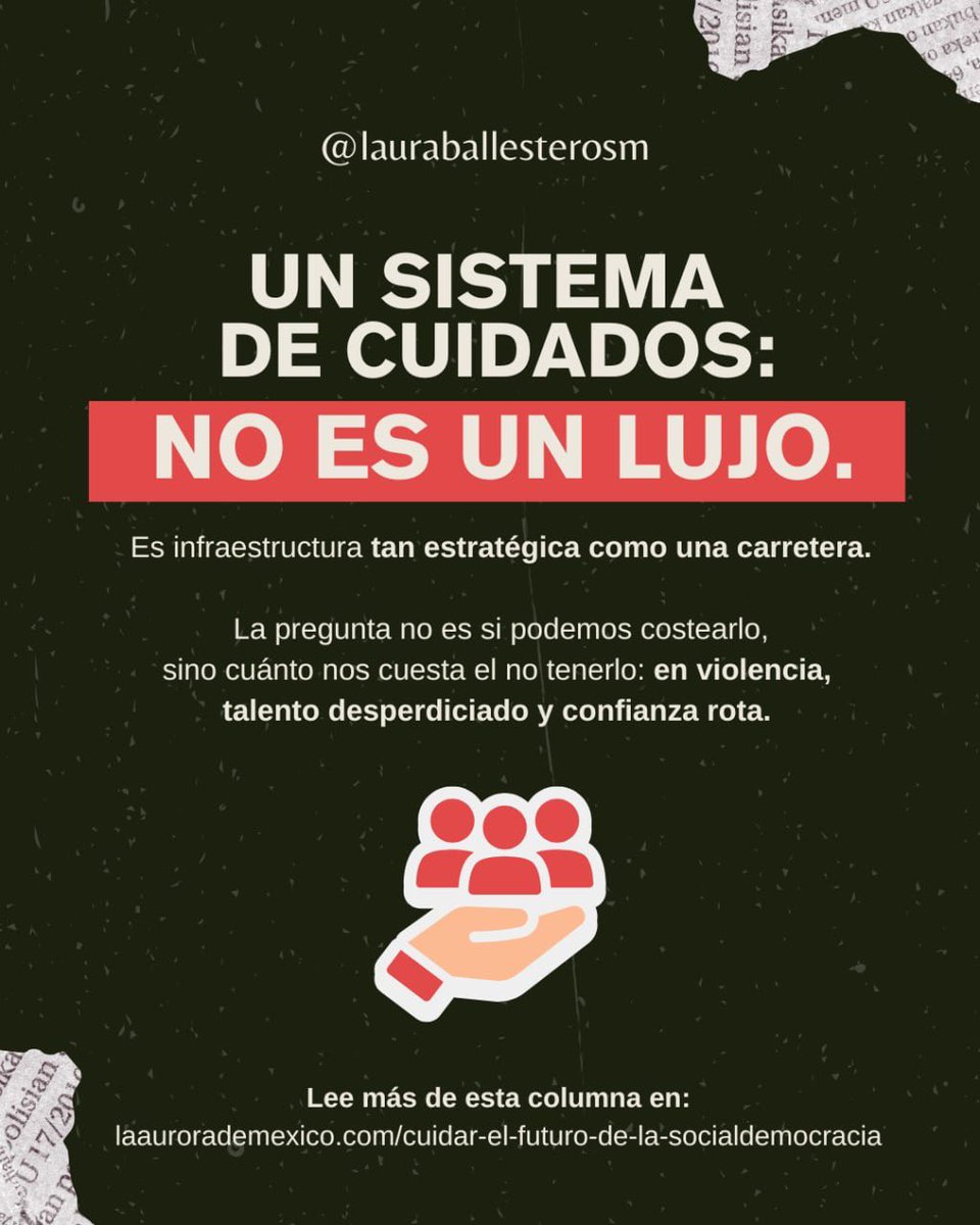 LBallesterosM's tweet photo. Les comparto con mucha emoción el primer texto que escribo en este nuevo espacio. 

Gracias, @PabloHiriart, por la invitación a escribir en Aurora. A partir de ahora nos leemos todos los jueves. Es un honor compartir este espacio con voces como @ruizmassieu, Germán Martínez y Aurelio Nuño. 

Arrancamos con una convicción: los cuidados son el futuro de la socialdemocracia. Gobernar también es cuidar a las personas, fortalecer a las comunidades y poner la dignidad en el centro de las decisiones públicas.

Los invito a leer la columna y a sumarse a la conversación (link en mi bio).

https://t.co/cCM5CWdRjQ