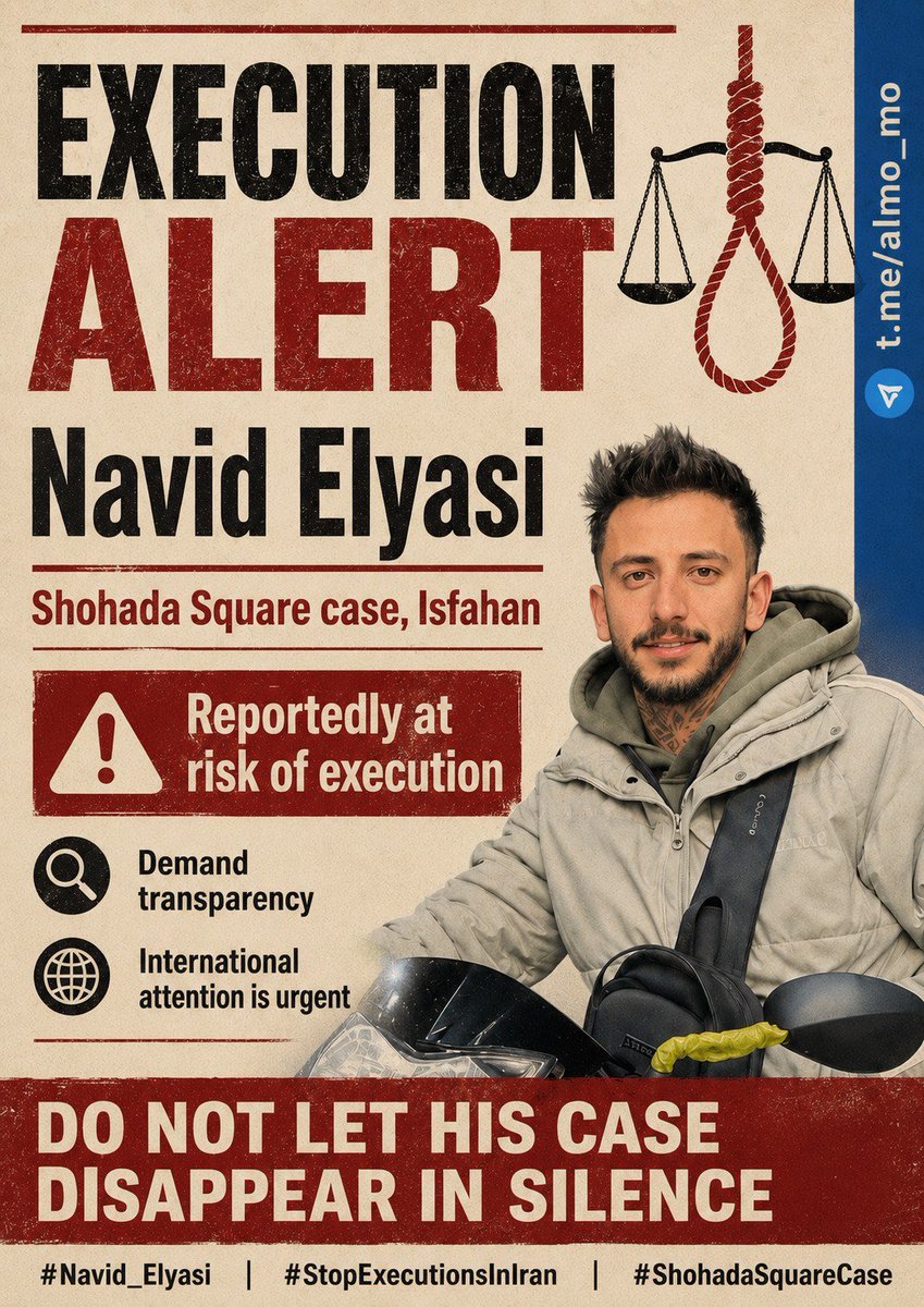 Fusil198's tweet photo. A closed process cannot erase Navid Elyasi's right to life, counsel, and a fair hearing No one should be condemned through guilt by association with a location, workplace, or group file. No secret execution. @CNN @drmaisato. #Navid_Elyasi #ShohadaSquareCase #StopExecutionsInIran https://t.co/zk0Lga8i44