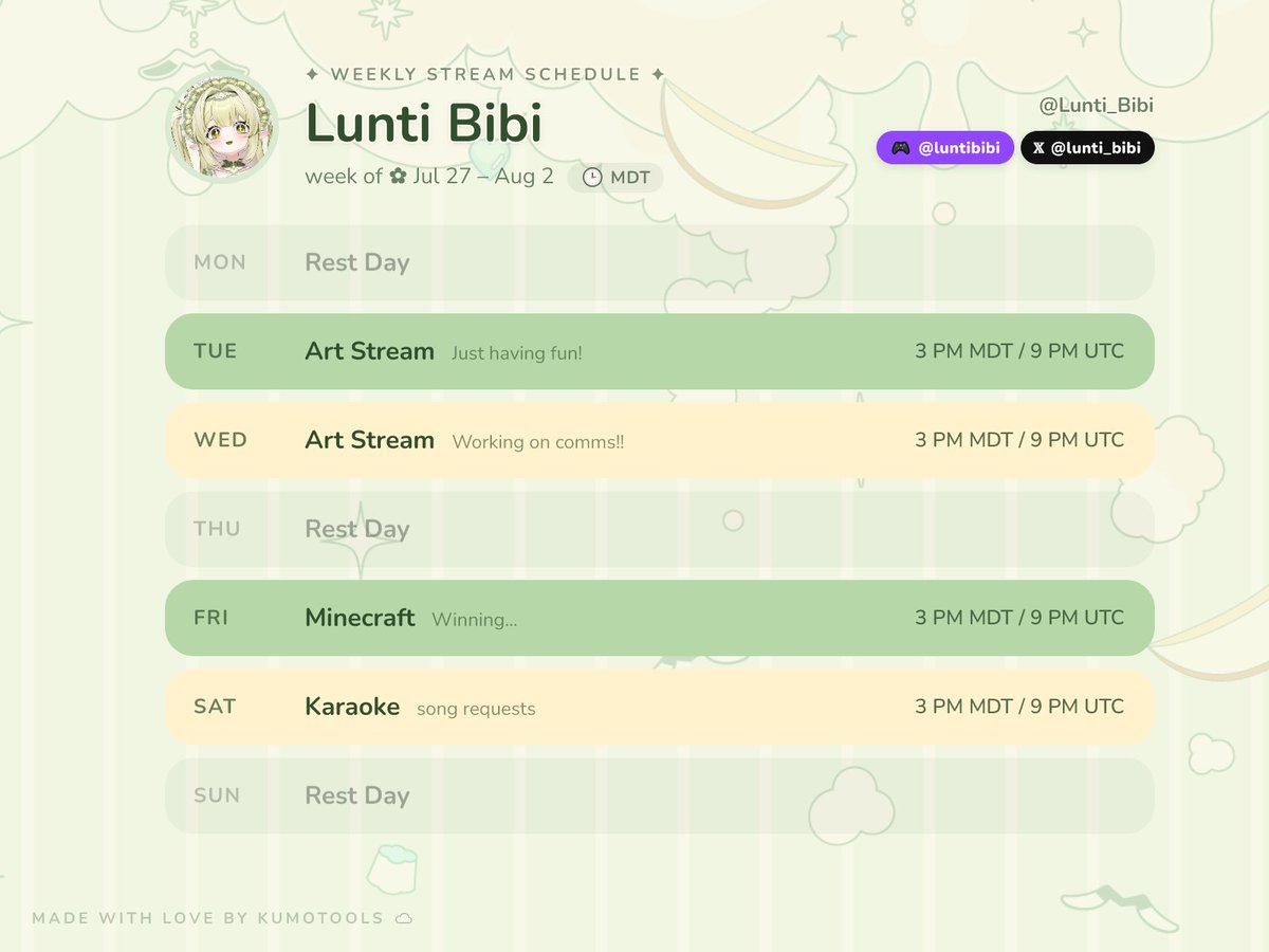 LuntiBibi's tweet photo. ☘️Schedule for this week! Im back at it! https://t.co/wZQywQFngd
