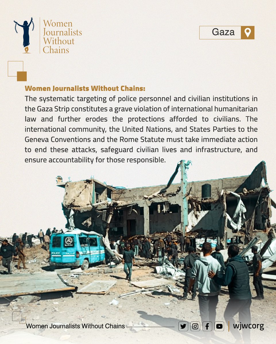 WJWCorg's tweet photo. Gaza: Israeli Targeting of Civil Police Dismantles Civilian Protection

27 July 2026

The systematic targeting of Gaza's civil police and internal security forces by Israeli occupation forces constitutes a grave violation of international humanitarian law and undermines the conditions essential for civilian life.

The deliberate destruction of law enforcement institutions accelerates institutional collapse, empowers criminal gangs, and deepens the humanitarian and human rights crisis across the territory.

On 26 July 2026, an Israeli airstrike killed Colonel Wael Musa al-Ladawi, director of Gaza's Internal Security apparatus, and Major Ramiz Tawfiq Abu Zureiq in Deir al-Balah, reducing their vehicle to rubble in the central Gaza Strip. One day earlier, Brigadier Abdel Nasser Mohammed al-Maqadma, director of North Gaza Governorate police, was killed in an airstrike on Gaza City's Sheikh Radwan neighborhood while performing his duties, according to the Gaza Interior Ministry.

These killings form part of an Israeli policy pursued since October 2023 to dismantle Gaza's security and justice institutions. Israeli forces have killed at least ten police officers and personnel in recent days alone. On 14 July, an airstrike on Jabalia refugee camp's police station killed seven officers, including station director Colonel Mohammed Salem and his deputy, Lieutenant Colonel Yamen Mohammed Obeid, as well as five civilians.

More: https://t.co/eV0AEnwRxg
#Gaza 
#HumanRights
#Israeli